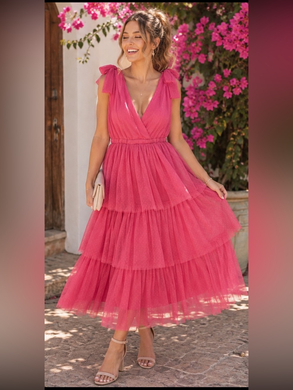 Baltic Born Pink Tiered Tulle Maxi Dress with Bow Straps - Romantic Formal Dress